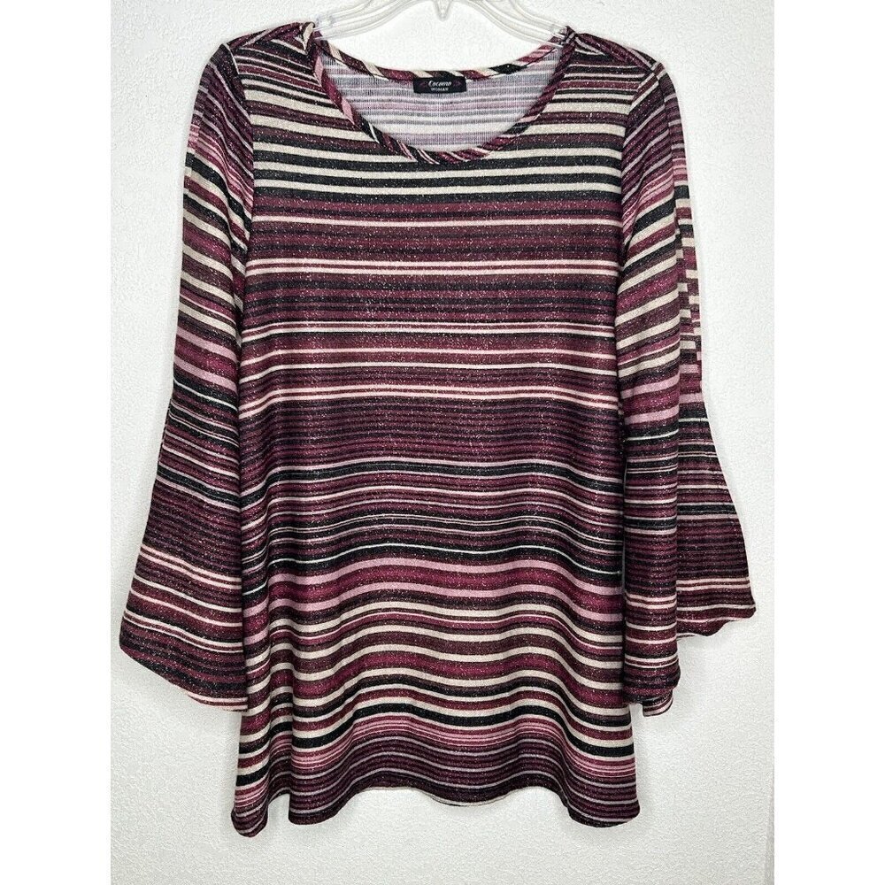 Cocomo Woman Top Size 1X Purple Metallic Stripe 3/4 Length Slit Bell Sleeve